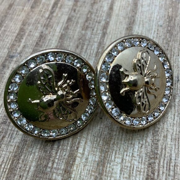 Monet Rhinestone Round Bee Gold Tone Clip On Earrings - Picture 1 of 6